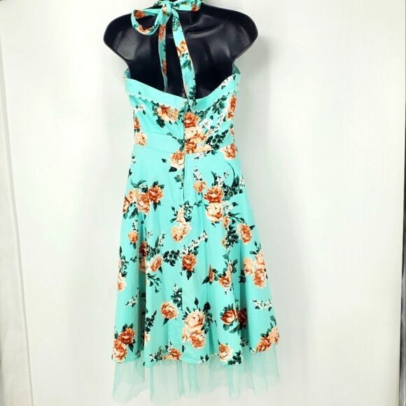 Hot Topic Pin Up Dress Mint Green with Peach Floral Halter and Back Zipper Med - Picture 7 of 7